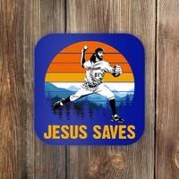 Jesus Saves Retro Baseball Pitcher Coaster thumb 0