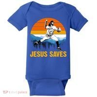 Jesus Saves Retro Baseball Pitcher Baby Bodysuit thumb 0
