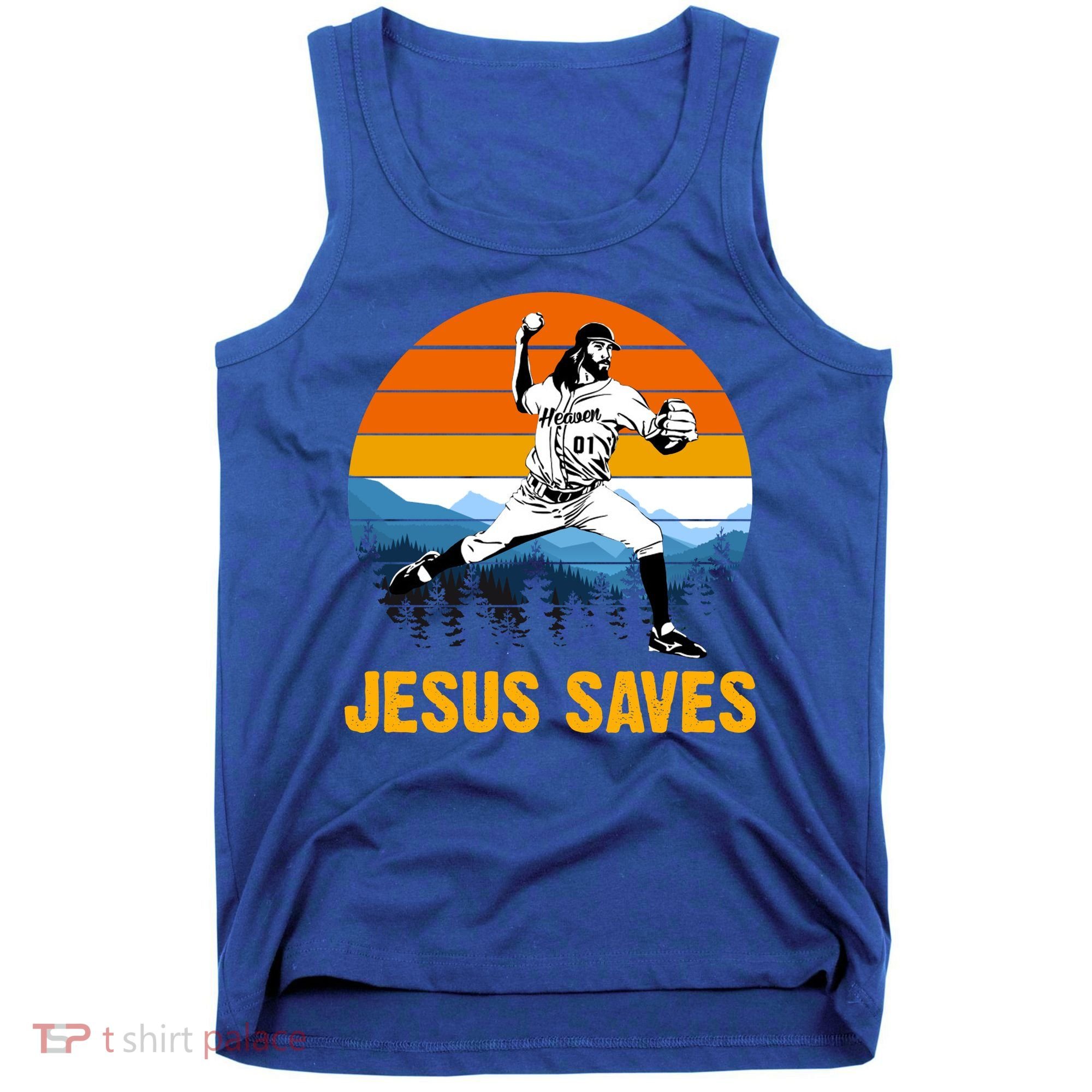 Jesus Saves Retro Baseball Pitcher Tank Top