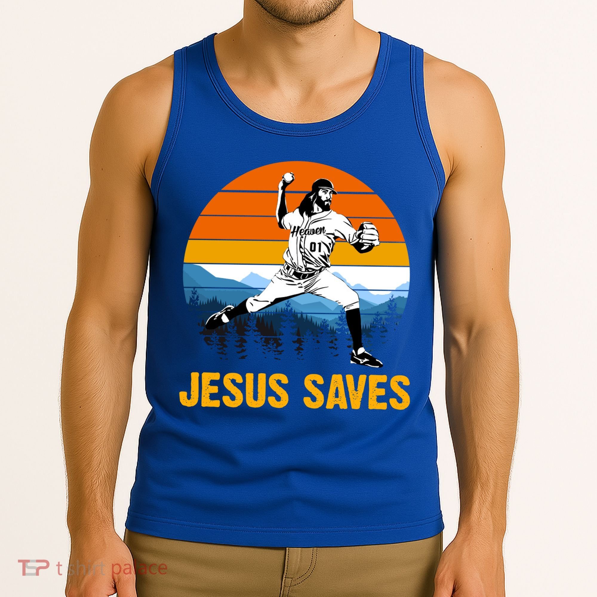 Jesus Saves Retro Baseball Pitcher Tank Top