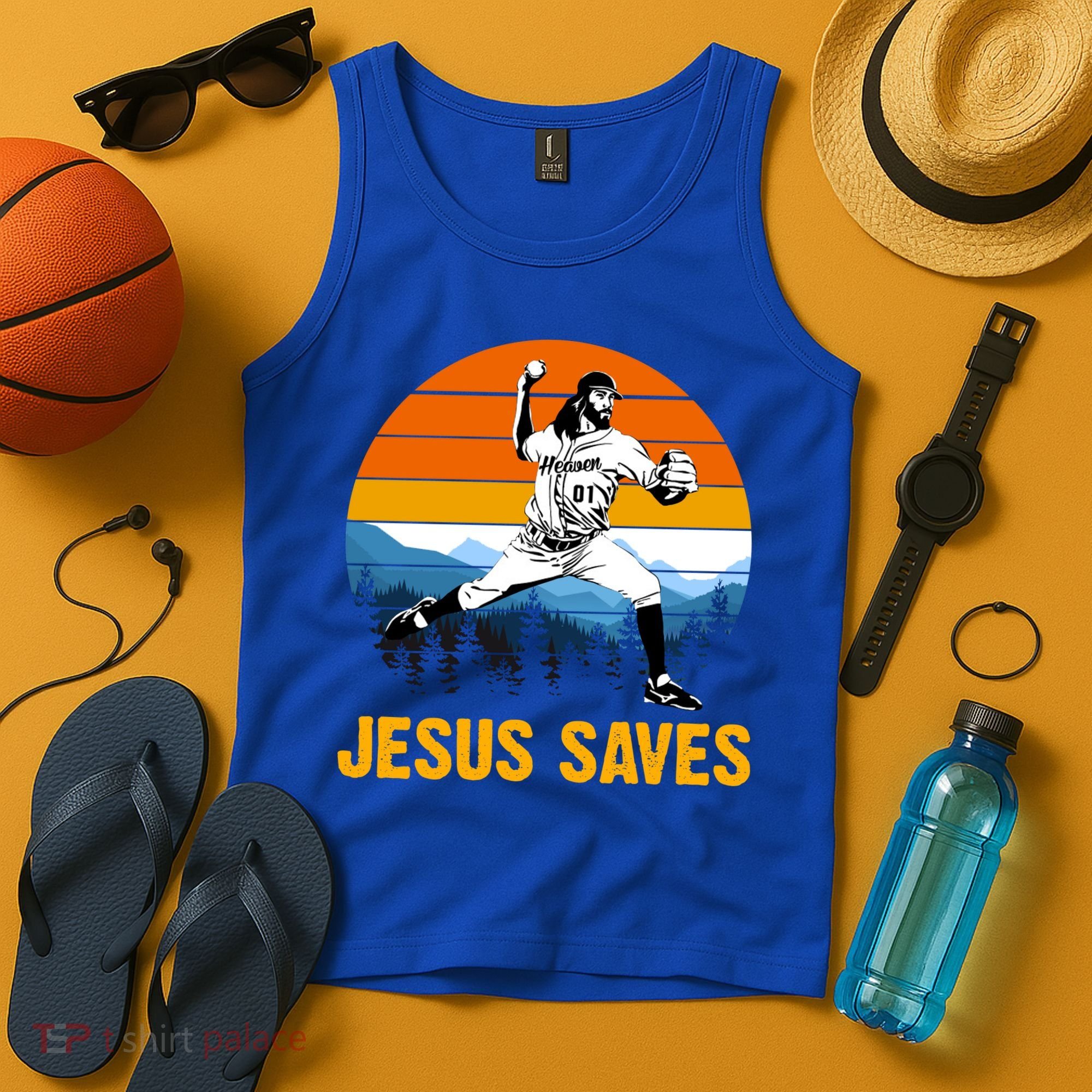 Jesus Saves Retro Baseball Pitcher Tank Top