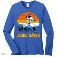 Jesus Saves Retro Baseball Pitcher Women's Long Sleeve Shirt thumb 0