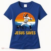 Jesus Saves Retro Baseball Pitcher Women's T-Shirt thumb 0