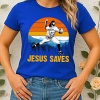 Jesus Saves Retro Baseball Pitcher Women's T-Shirt thumb 2