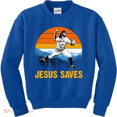 Jesus Saves Retro Baseball Pitcher Kids Sweatshirt