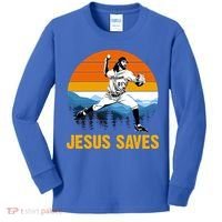 Jesus Saves Retro Baseball Pitcher Kids Long Sleeve Shirt thumb 0