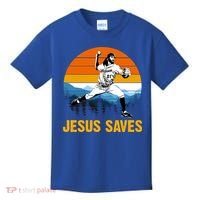Jesus Saves Retro Baseball Pitcher Kids T-Shirt thumb 0