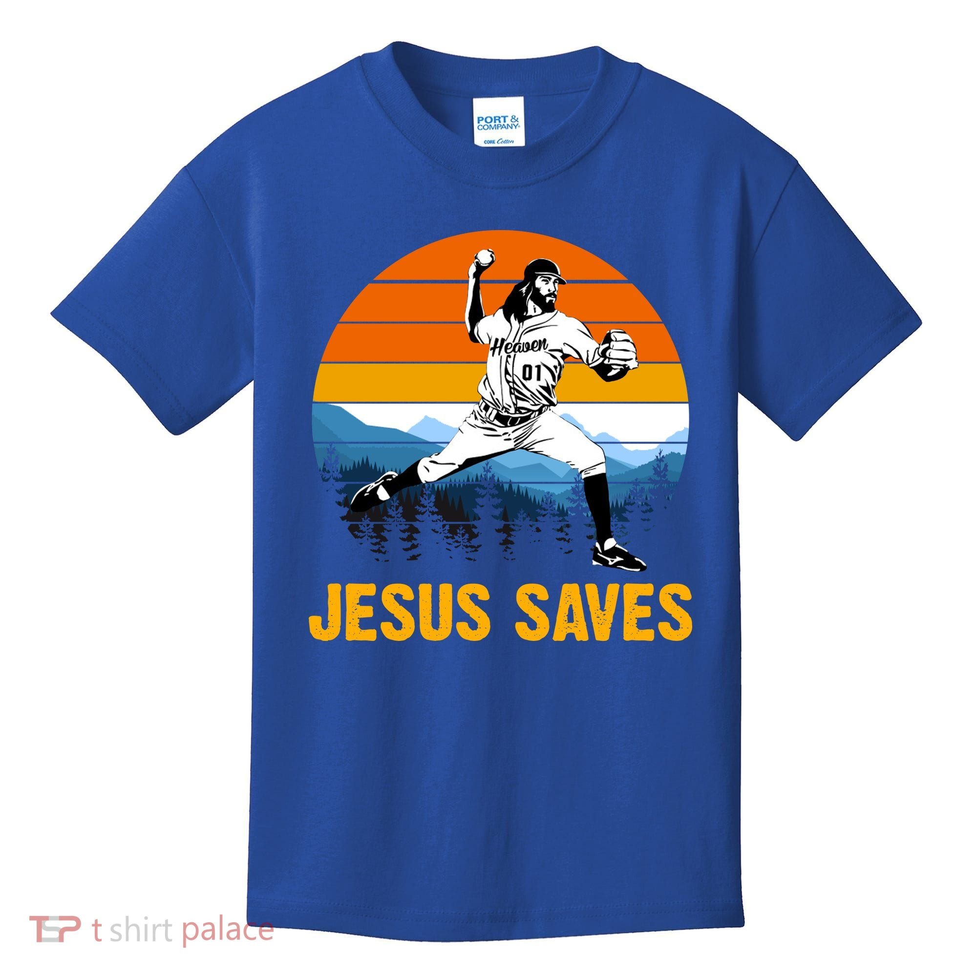 Jesus Saves Retro Baseball Pitcher Kids T-Shirt