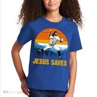 Jesus Saves Retro Baseball Pitcher Kids T-Shirt thumb 2