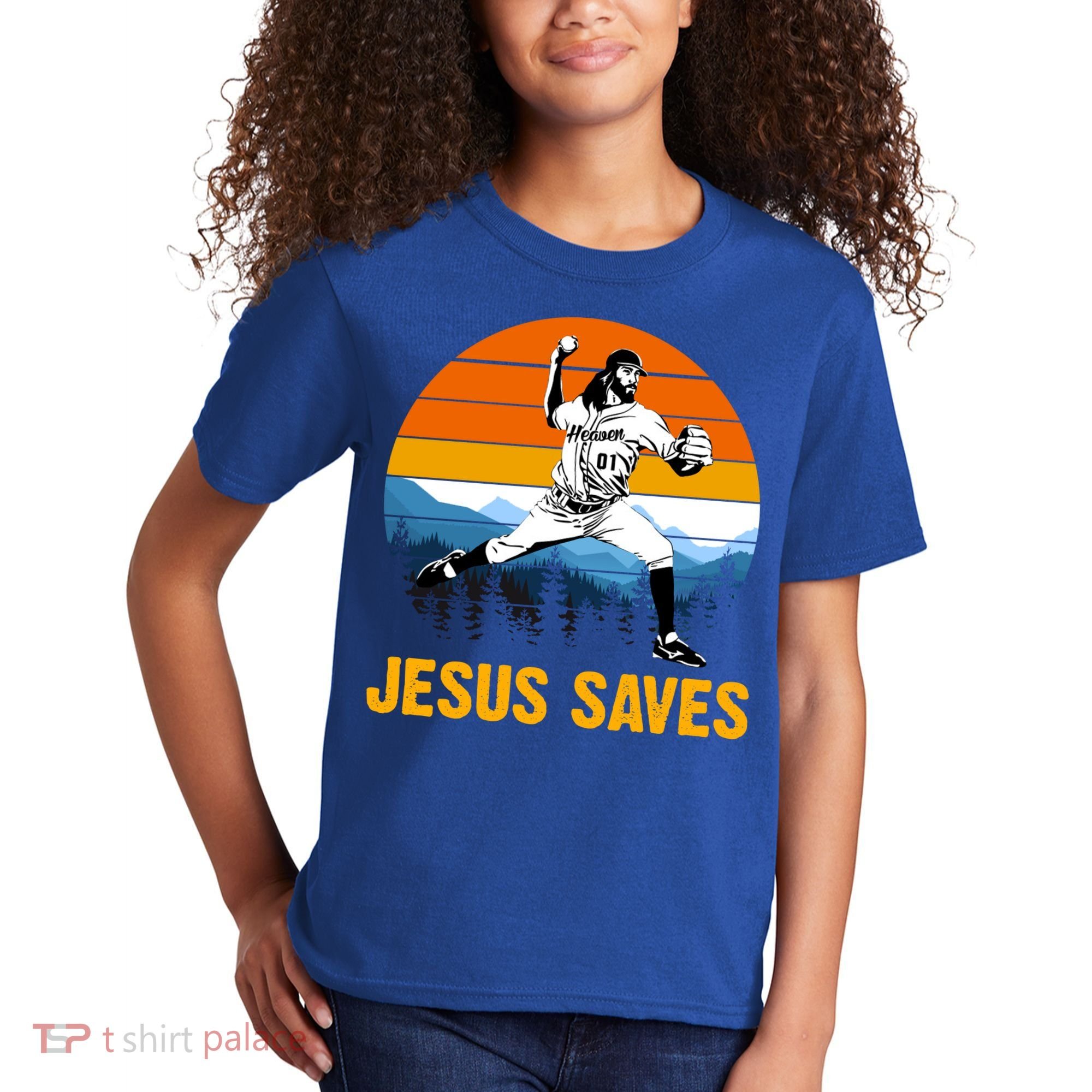 Jesus Saves Retro Baseball Pitcher Kids T-Shirt