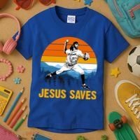 Jesus Saves Retro Baseball Pitcher Kids T-Shirt thumb 3