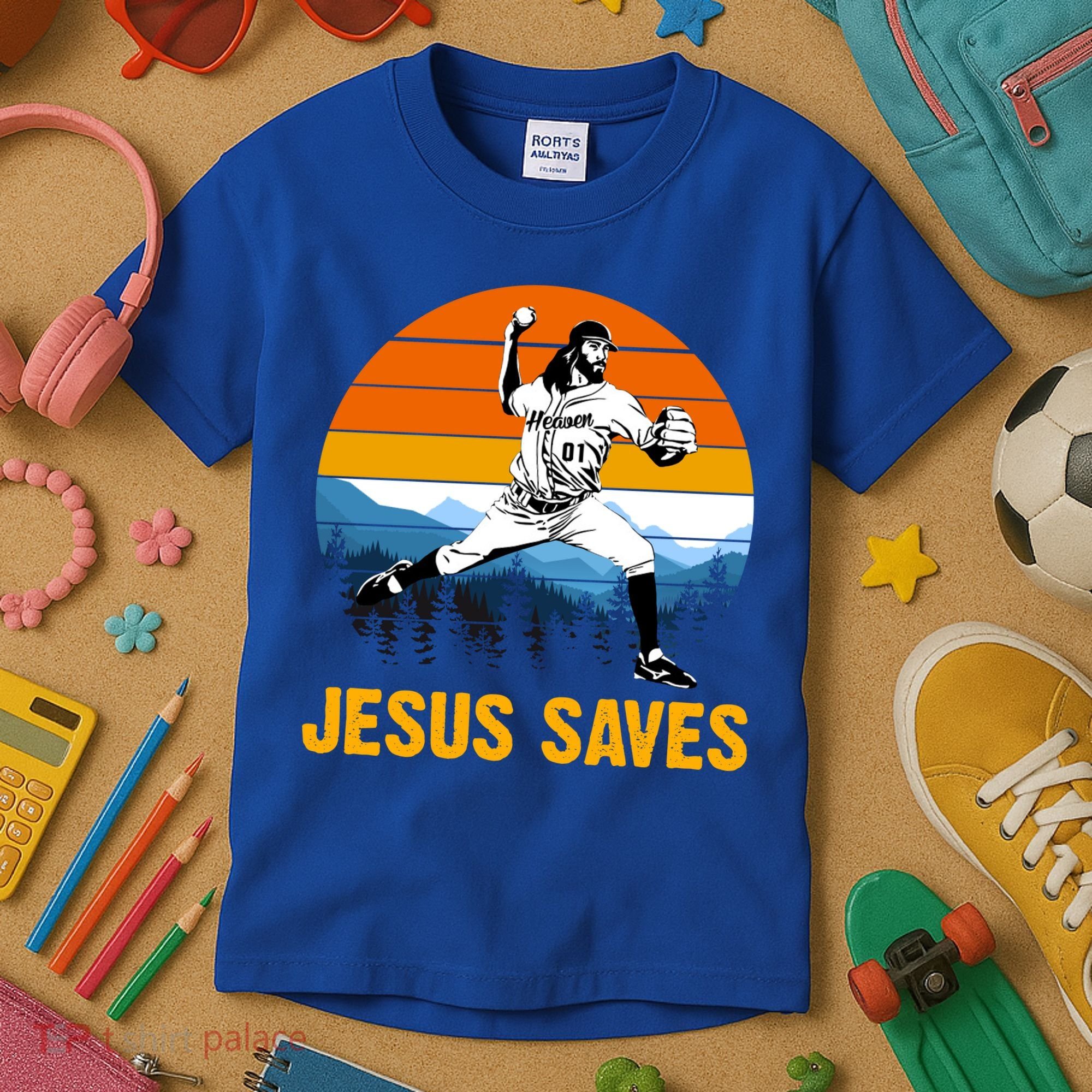 Jesus Saves Retro Baseball Pitcher Kids T-Shirt