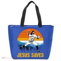 Jesus Saves Retro Baseball Pitcher Tote Bag thumb 0