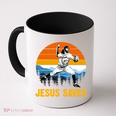 Jesus Saves Retro Baseball Pitcher Coffee Mug