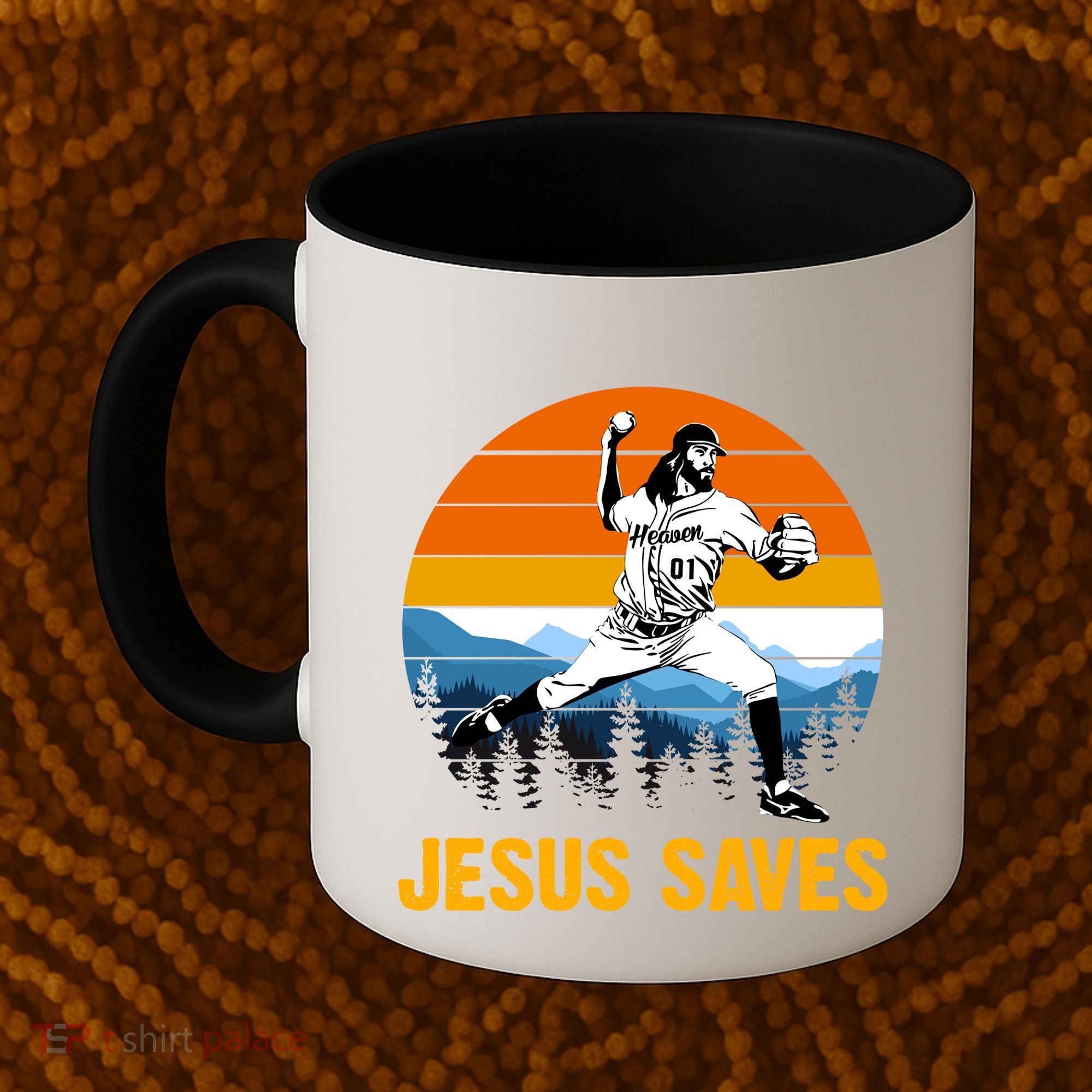 Jesus Saves Retro Baseball Pitcher Coffee Mug