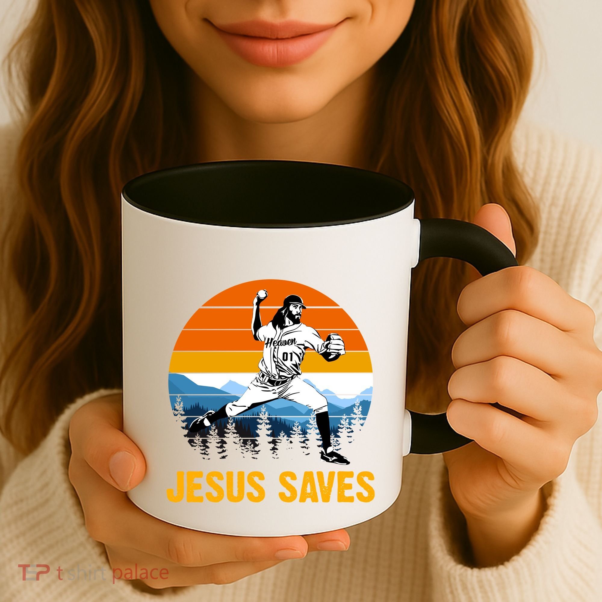Jesus Saves Retro Baseball Pitcher Coffee Mug