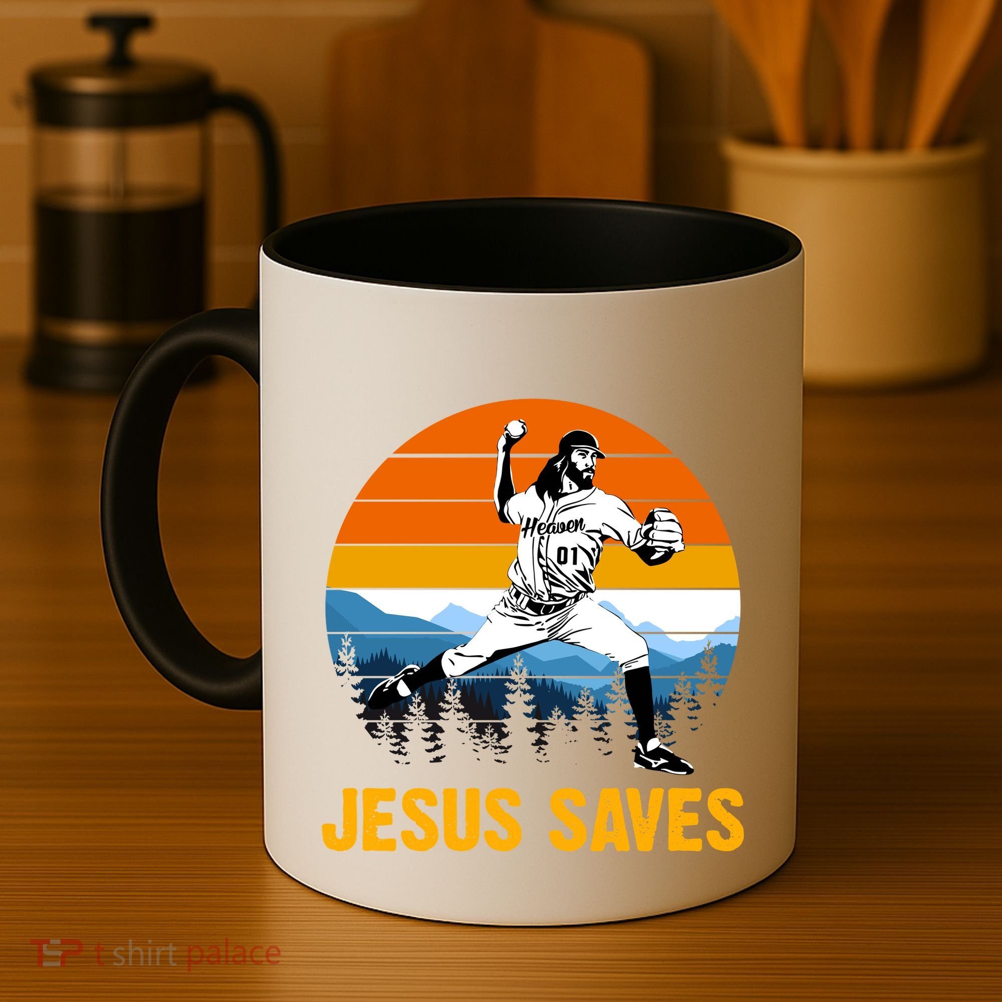 Jesus Saves Retro Baseball Pitcher Coffee Mug