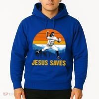 Jesus Saves Retro Baseball Pitcher Hoodie thumb 2