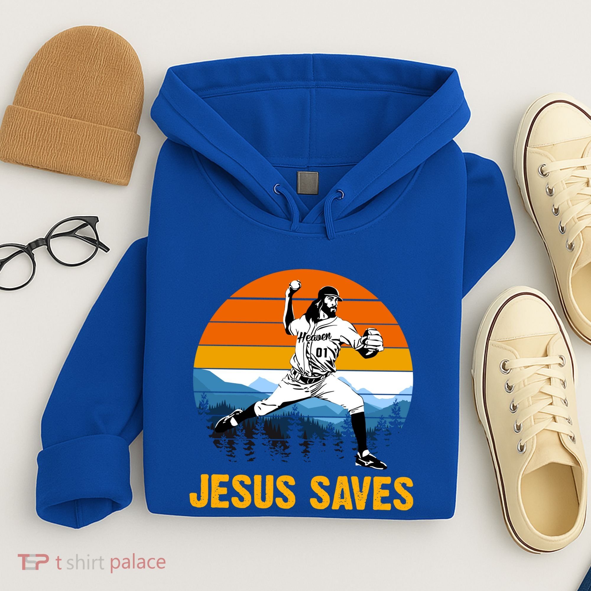 Jesus Saves Retro Baseball Pitcher Hoodie