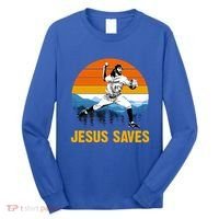Jesus Saves Retro Baseball Pitcher Long Sleeve Shirt thumb 0