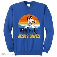 Jesus Saves Retro Baseball Pitcher Sweatshirt thumb 0