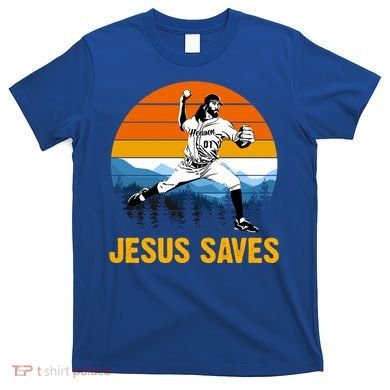 Jesus Saves Retro Baseball Pitcher T-Shirt