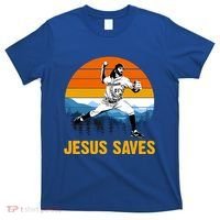Jesus Saves Retro Baseball Pitcher T-Shirt thumb 0