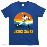 Jesus Saves Retro Baseball Pitcher T-Shirt thumb 0