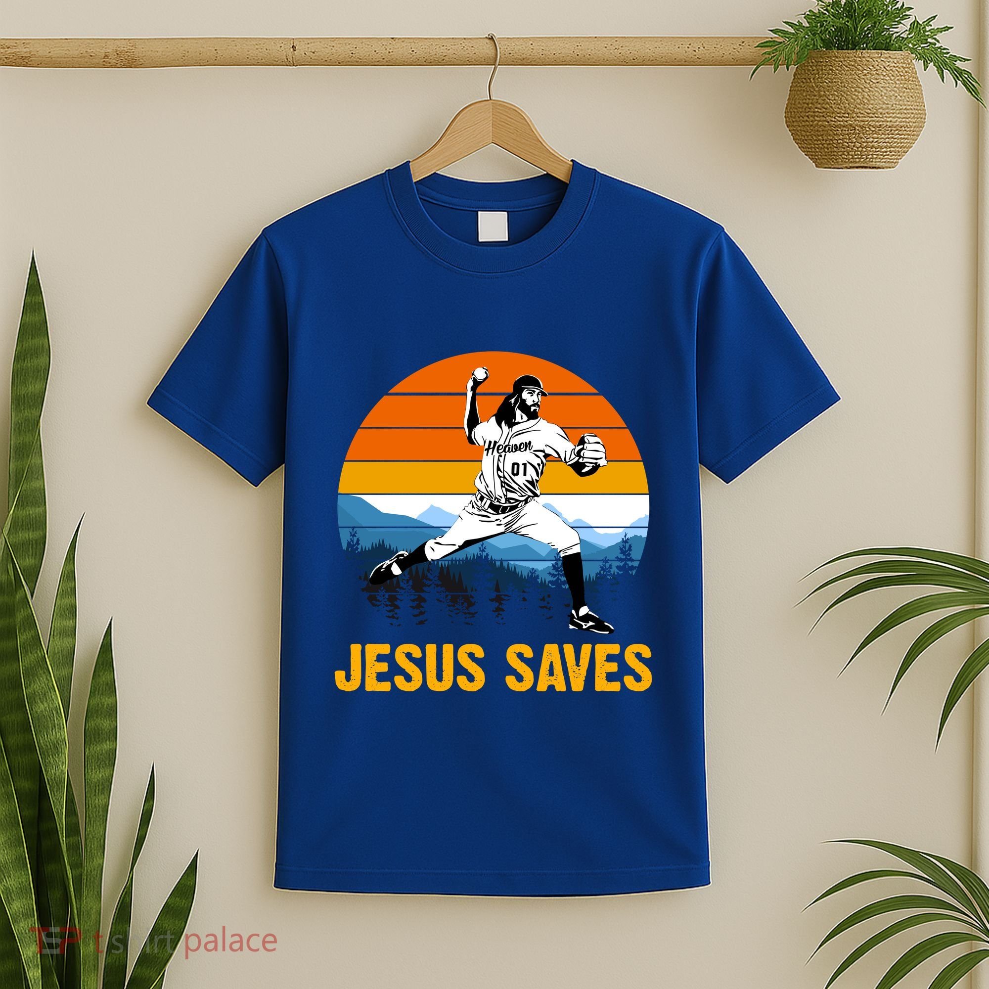 Jesus Saves Retro Baseball Pitcher T-Shirt