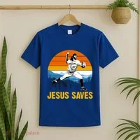 Jesus Saves Retro Baseball Pitcher T-Shirt thumb 2