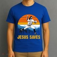 Jesus Saves Retro Baseball Pitcher T-Shirt thumb 3