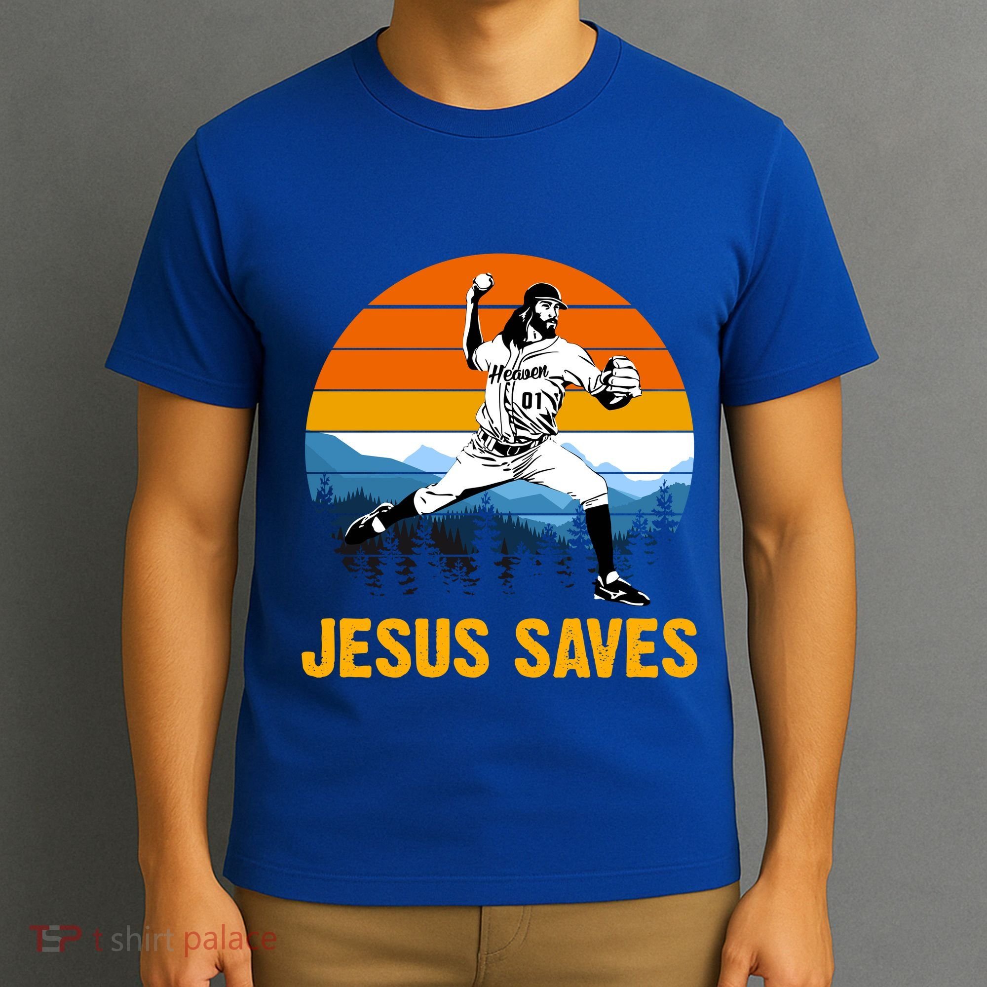 Jesus Saves Retro Baseball Pitcher T-Shirt