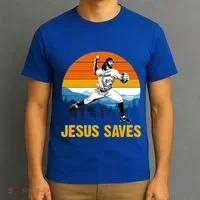 Jesus Saves Retro Baseball Pitcher T-Shirt thumb 3