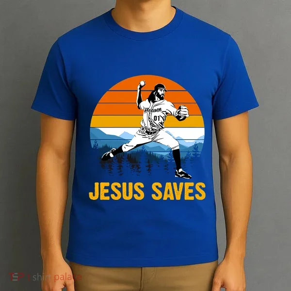 Jesus Saves Retro Baseball Pitcher T-Shirt