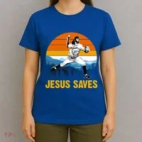 Jesus Saves Retro Baseball Pitcher T-Shirt thumb 4