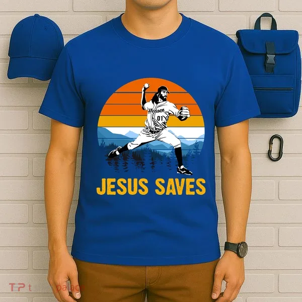 Jesus Saves Retro Baseball Pitcher T-Shirt