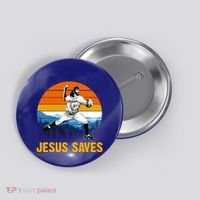 Jesus Saves Retro Baseball Pitcher Button thumb 0