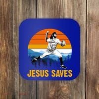 Jesus Saves Retro Baseball Pitcher Coaster thumb 0