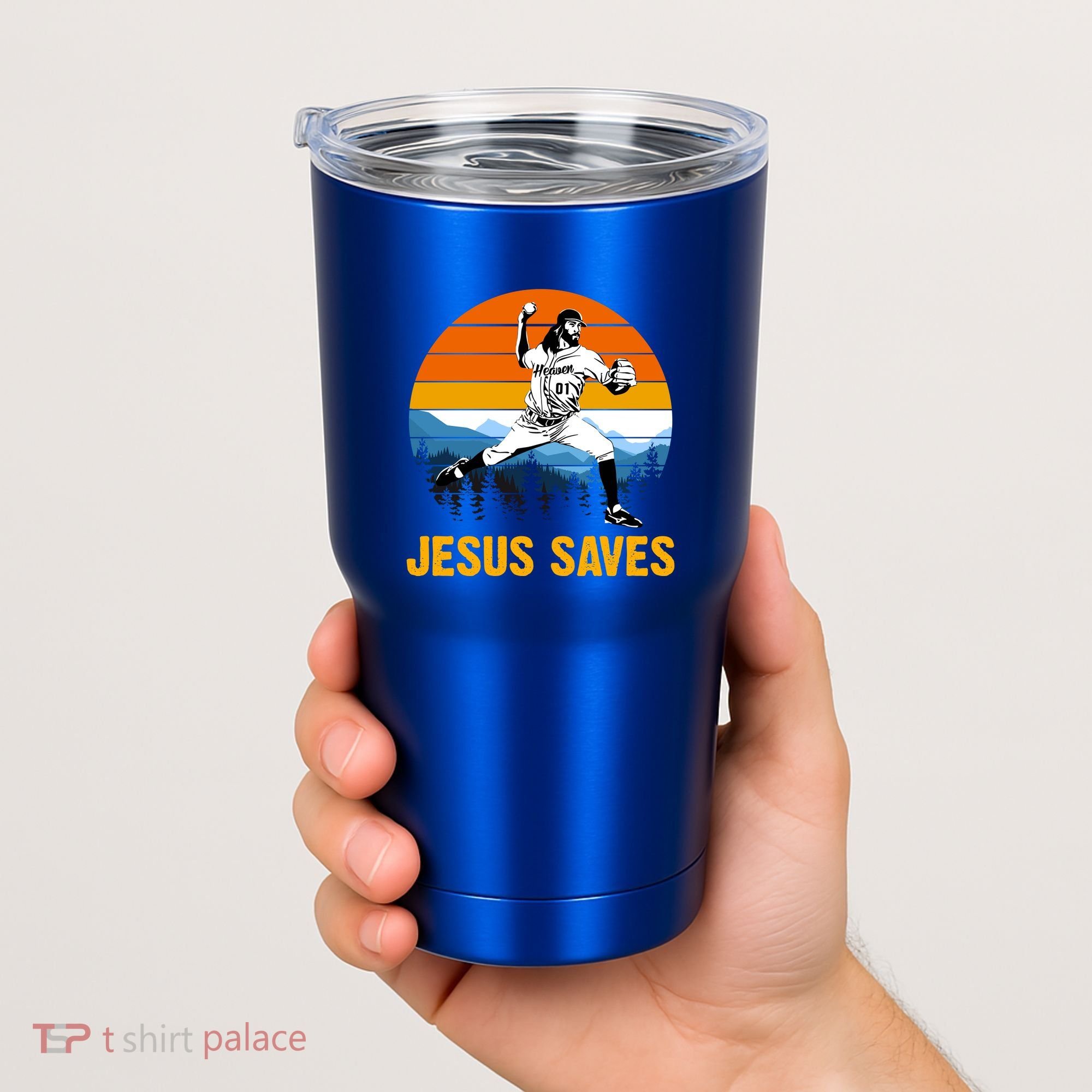 Jesus Saves Retro Baseball Pitcher Tumbler