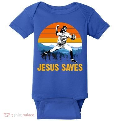 Jesus Saves Retro Baseball Pitcher Baby Bodysuit