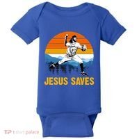 Jesus Saves Retro Baseball Pitcher Baby Bodysuit thumb 0