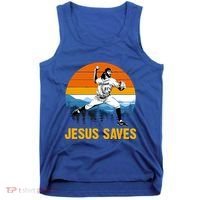 Jesus Saves Retro Baseball Pitcher Tank Top thumb 0