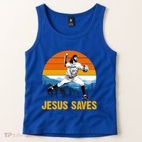 Jesus Saves Retro Baseball Pitcher Tank Top thumb 2