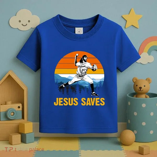 Jesus Saves Retro Baseball Pitcher Toddler T-Shirt