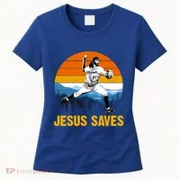 Jesus Saves Retro Baseball Pitcher Women's T-Shirt thumb 0