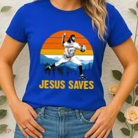 Jesus Saves Retro Baseball Pitcher Women's T-Shirt thumb 2