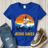 Jesus Saves Retro Baseball Pitcher Women's T-Shirt thumb 3