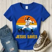 Jesus Saves Retro Baseball Pitcher Women's T-Shirt thumb 3
