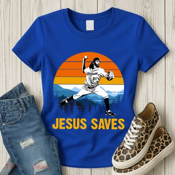 Jesus Saves Retro Baseball Pitcher Women's T-Shirt