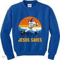 Jesus Saves Retro Baseball Pitcher Kids Sweatshirt thumb 0